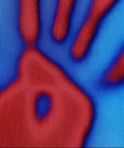 Hand on a CRT screen, red and blue analog video